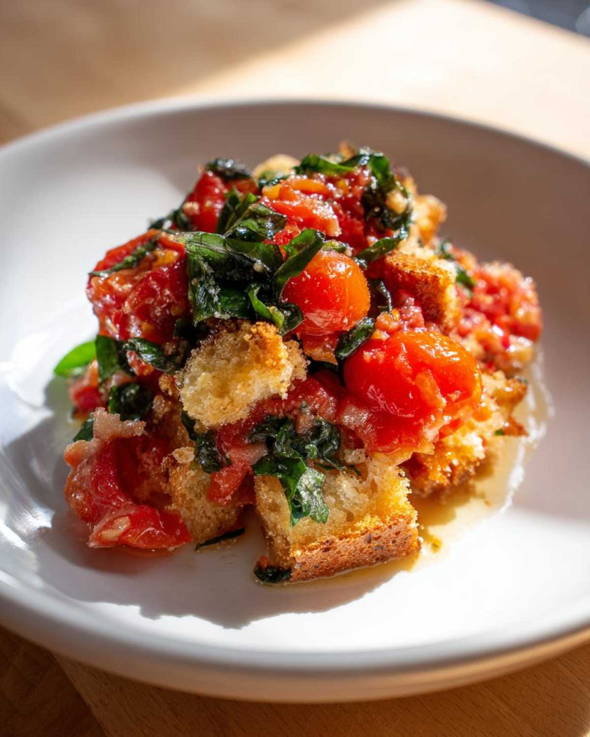 A close-up serving of vibrant Tomato Basil Panzanella salad featuring soaked bread cubes, juicy red tomatoes, and fresh basil.