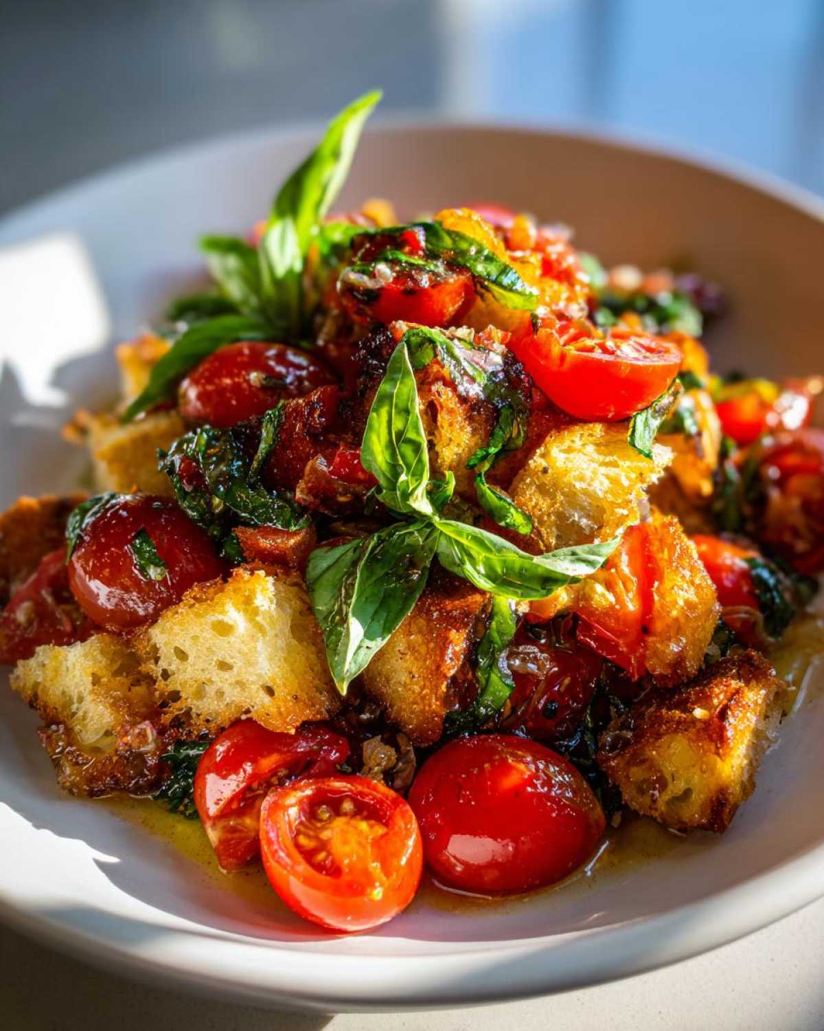 A vibrant close-up of Tomato Basil Panzanella featuring toasted bread cubes, halved cherry tomatoes, and fresh basil leaves glistening with dressing.
