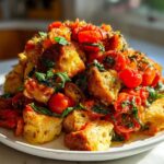 A vibrant mound of Tomato Basil Panzanella salad featuring toasted bread cubes, juicy cherry tomatoes, and fresh basil leaves.