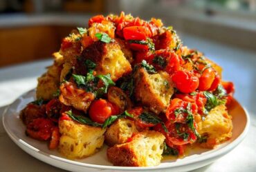 A vibrant mound of Tomato Basil Panzanella salad featuring toasted bread cubes, juicy cherry tomatoes, and fresh basil leaves.