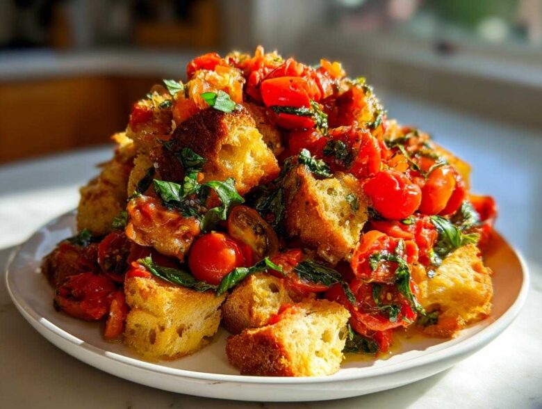A vibrant mound of Tomato Basil Panzanella salad featuring toasted bread cubes, juicy cherry tomatoes, and fresh basil leaves.