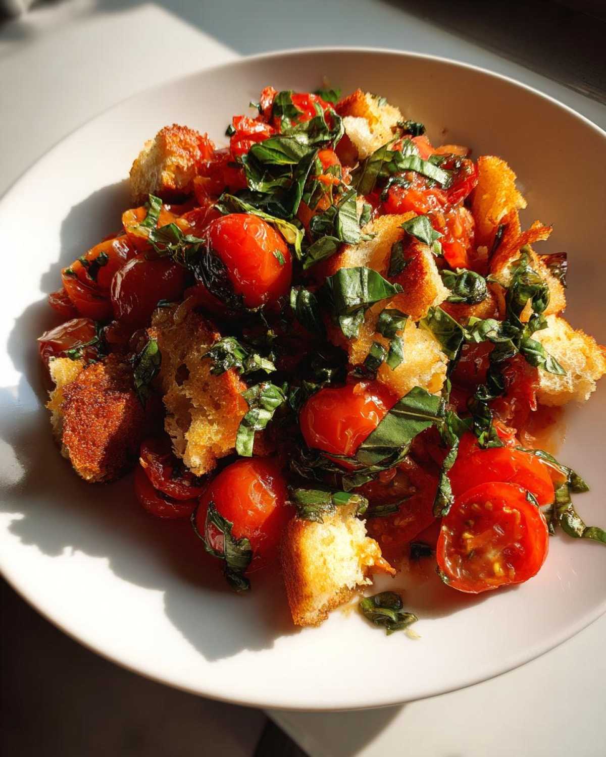 Close-up of a vibrant Tomato Basil Panzanella salad featuring cherry tomatoes, toasted bread cubes, and fresh basil.
