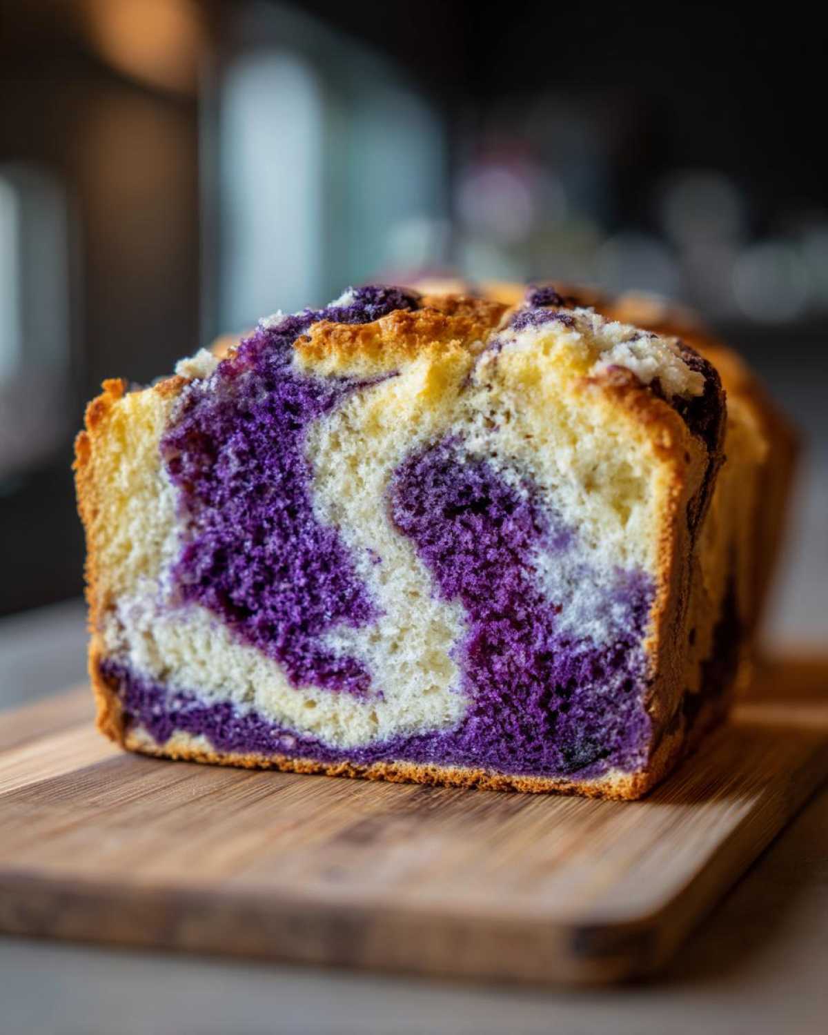 Close-up of a slice of Ube Coconut Swirl Bread showing vibrant purple ube swirls mixed with light bread dough.