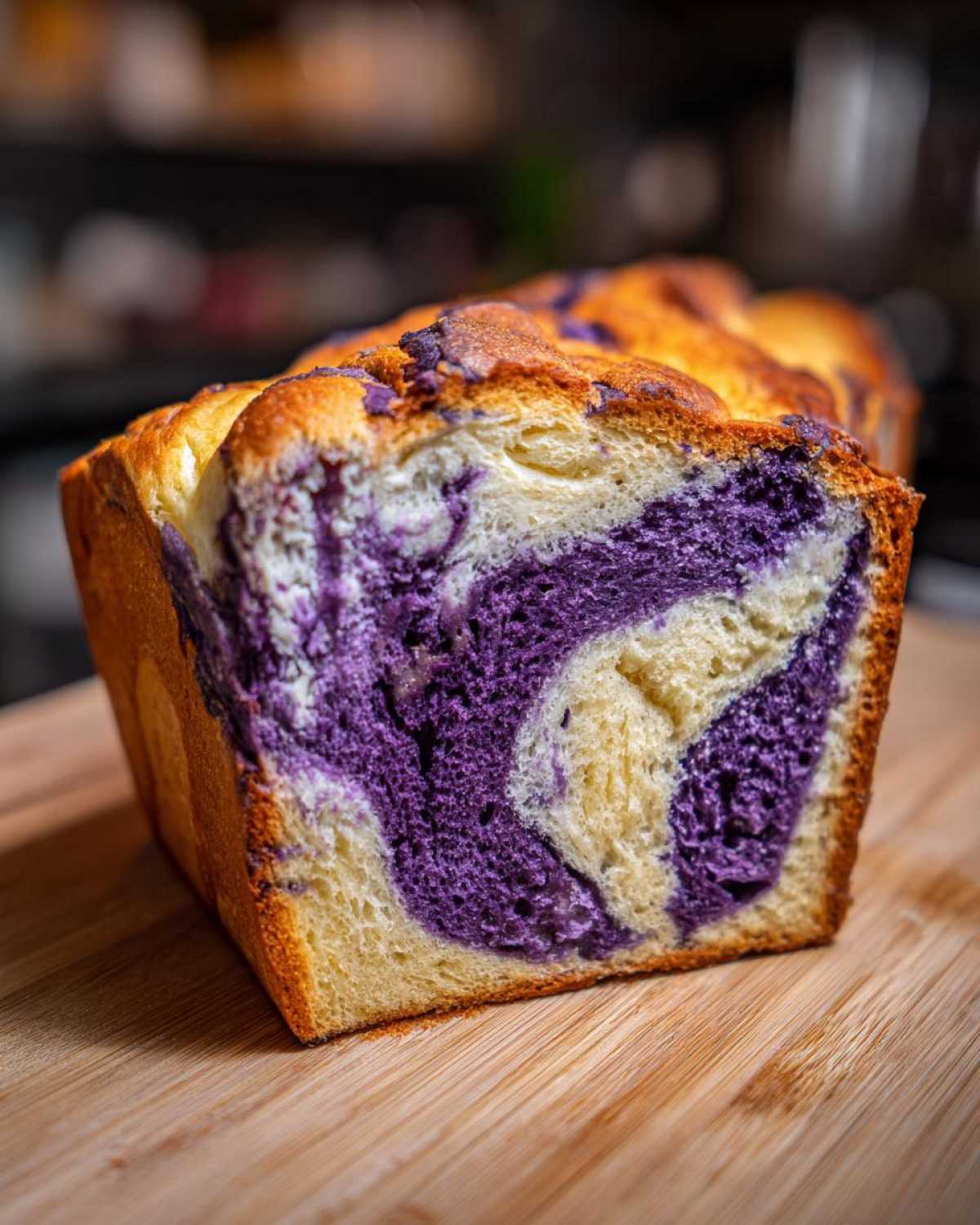 Close-up of a freshly baked Ube Coconut Swirl Bread loaf showing the vibrant purple ube swirl pattern inside.