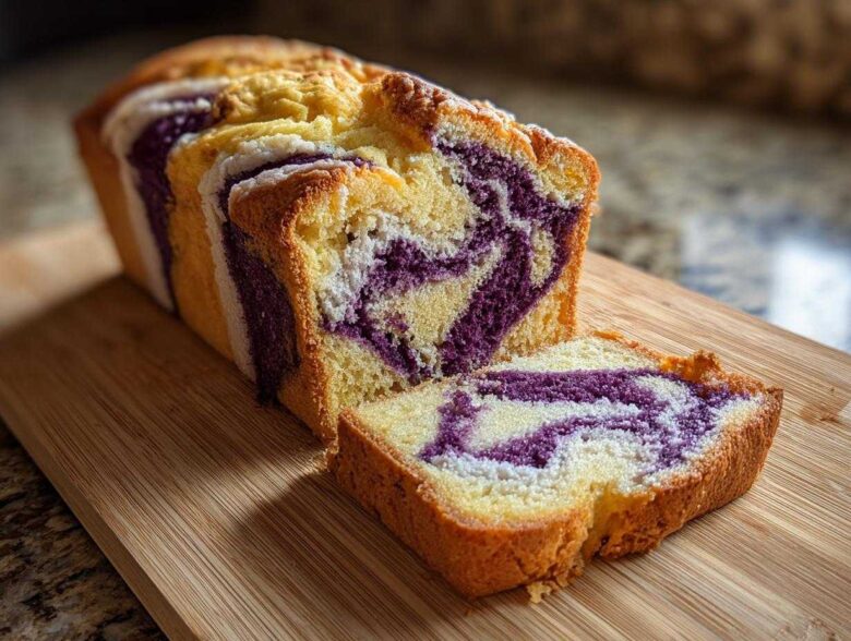 A loaf of Ube Coconut Swirl Bread, partially sliced, showing vibrant purple ube swirls against the yellow and white batter on a wooden board.