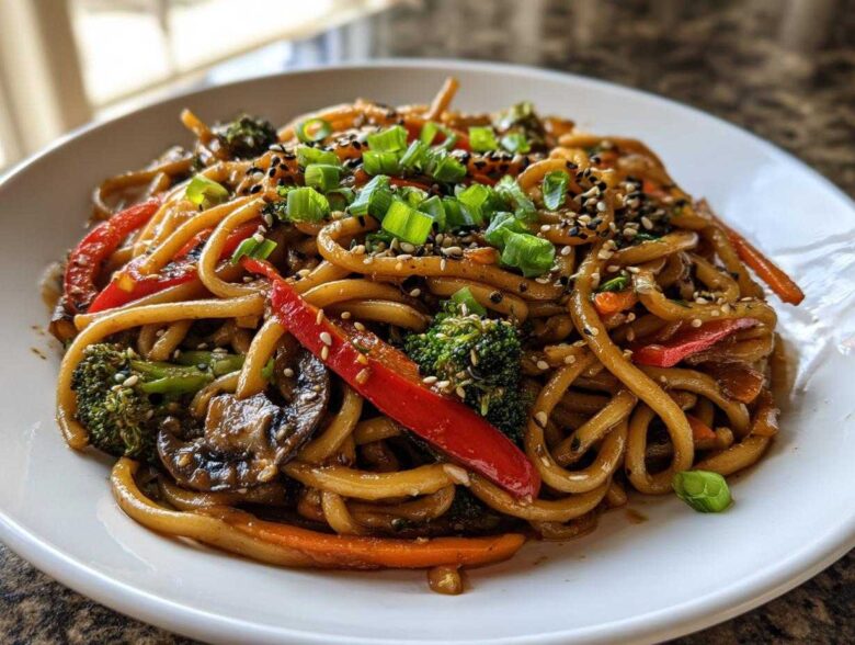 A close-up of a delicious Udon Stir-Fry with Sesame Vegetables, featuring thick noodles, broccoli, peppers, and mushrooms.