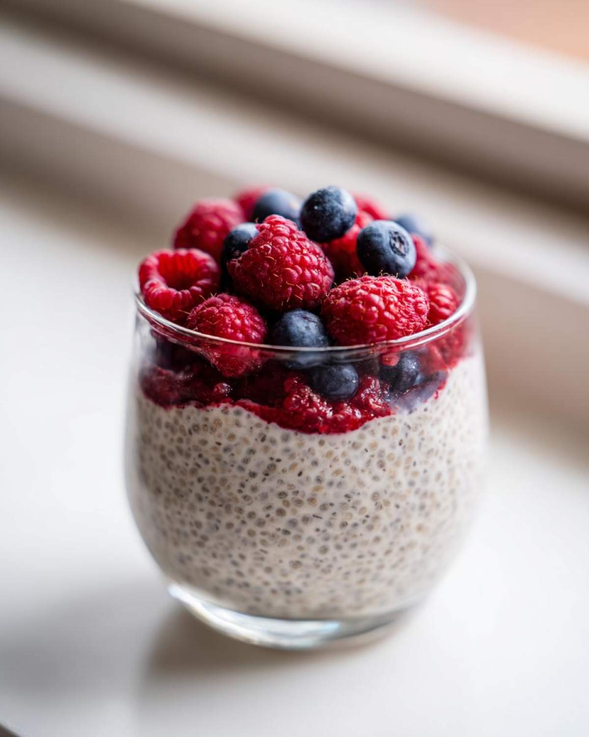 Close-up of a glass filled with Vanilla Berry Chia Pudding Cups, topped with fresh raspberries and blueberries.