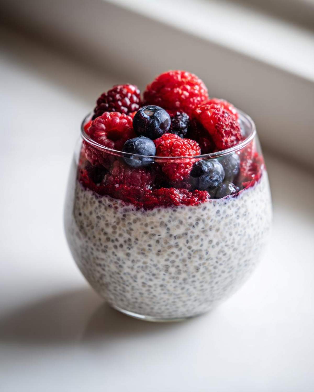 A single glass of Vanilla Berry Chia Pudding Cups topped generously with fresh raspberries and blueberries.