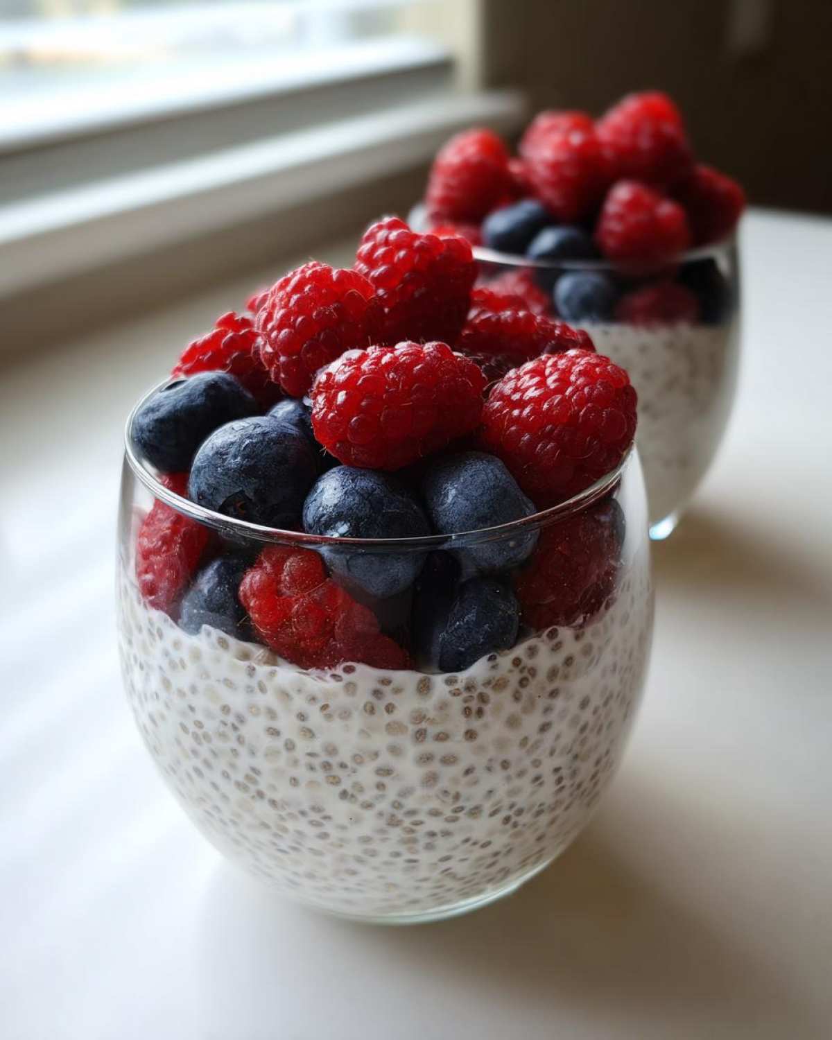 Close-up of Vanilla Berry Chia Pudding Cups layered with creamy chia seeds and topped generously with fresh raspberries and blueberries.