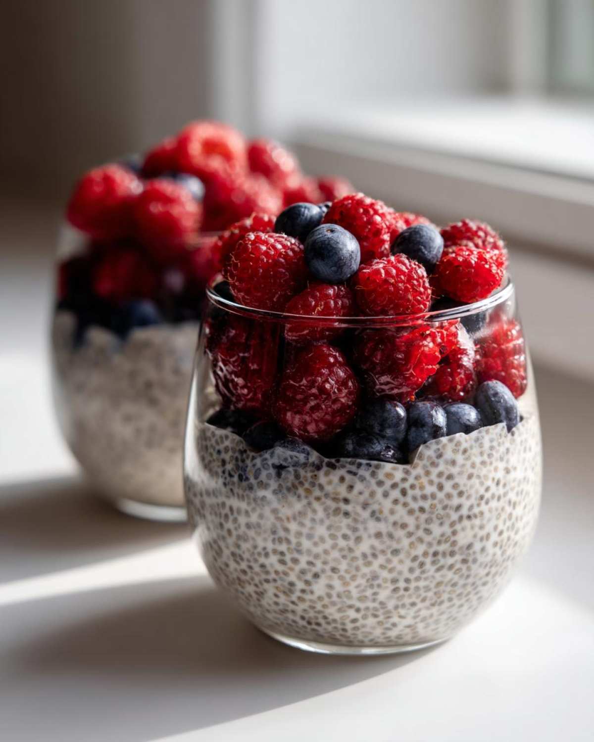 Two glasses of Vanilla Berry Chia Pudding Cups topped generously with fresh raspberries and blueberries.
