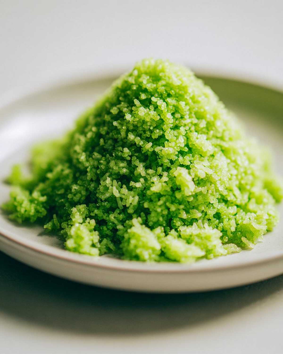 Close-up of fluffy, bright green Pandan Coconut Rice mounded on a light-colored plate.