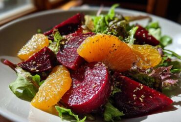 Close-up of a vibrant Roasted Beet Orange Salad featuring deep red beets, bright orange slices, and mixed greens.