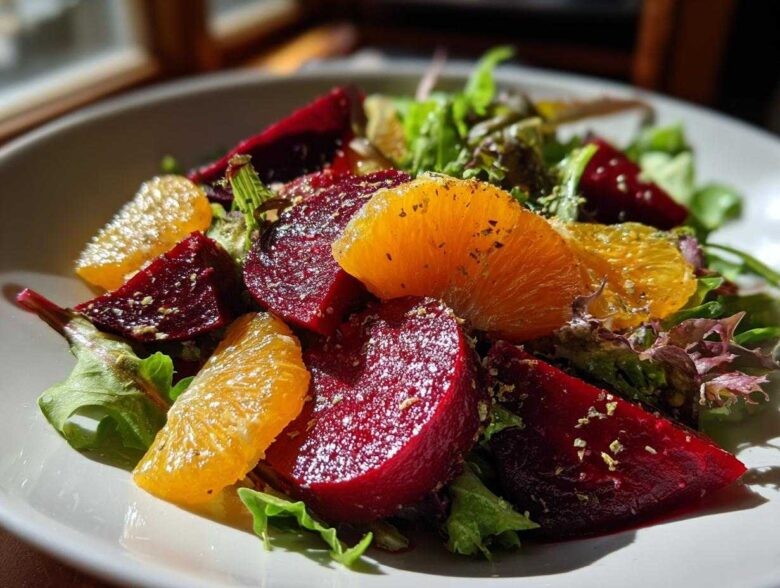 Close-up of a vibrant Roasted Beet Orange Salad featuring deep red beets, bright orange slices, and mixed greens.