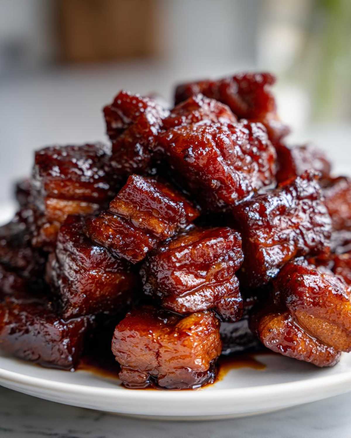 Close-up of tender, glossy Vietnamese Caramel Pork pieces piled high on a white plate, coated in rich dark caramel sauce.