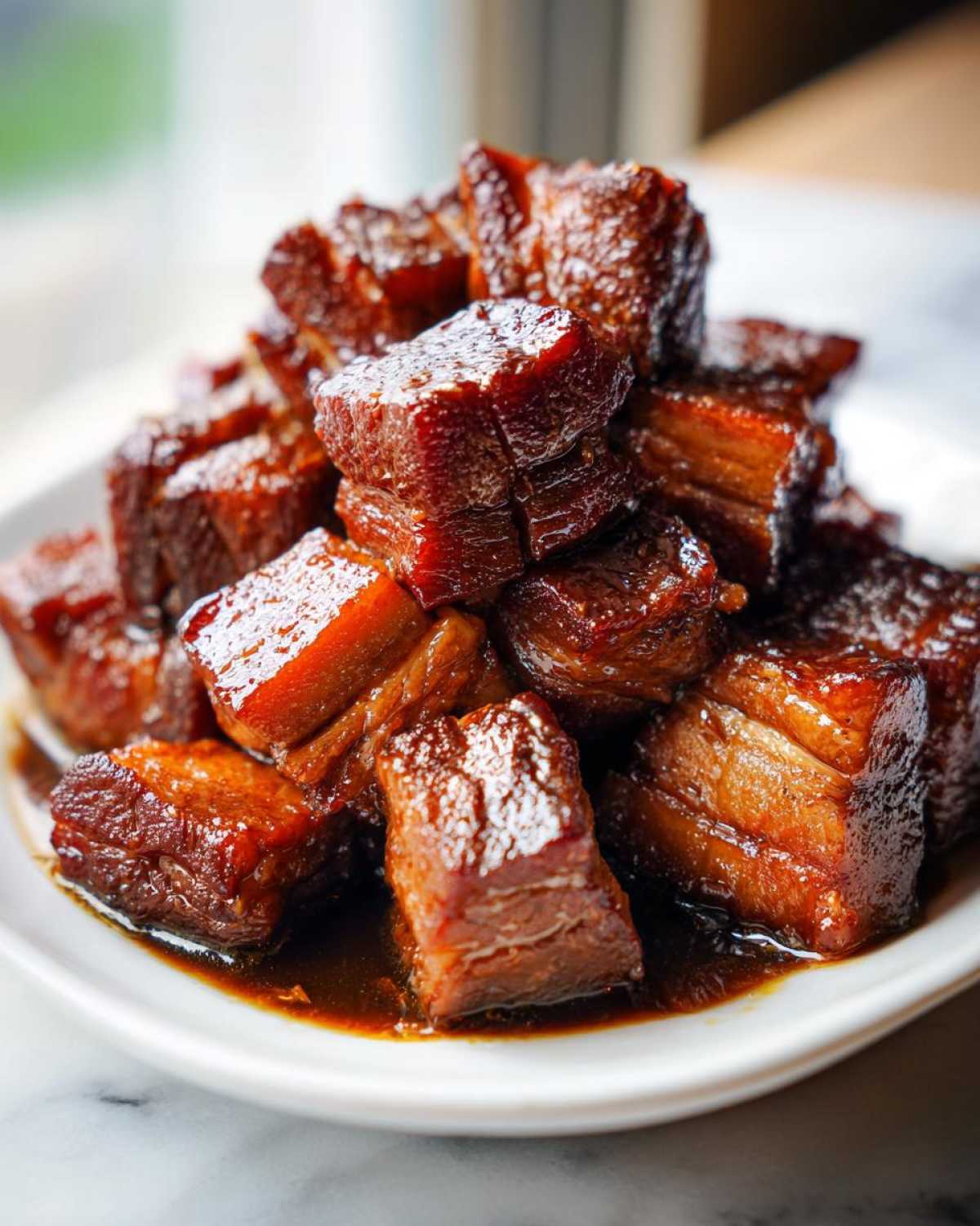 A close-up pile of glistening, dark brown cubes of Vietnamese Caramel Pork sitting in a rich sauce on a white plate.