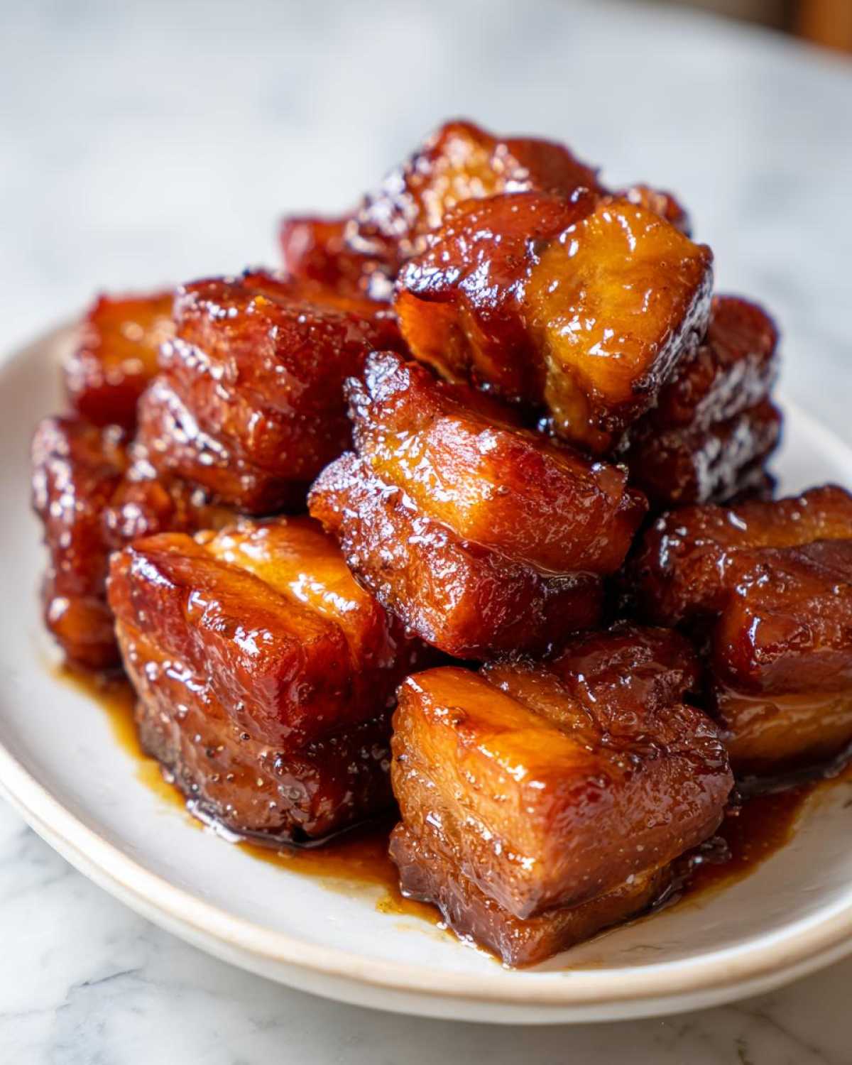 Close-up of tender, glossy chunks of Vietnamese Caramel Pork piled high on a white plate.