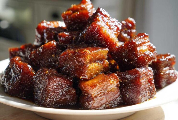 A close-up of glistening, dark brown cubes of Vietnamese Caramel Pork piled high on a white plate.