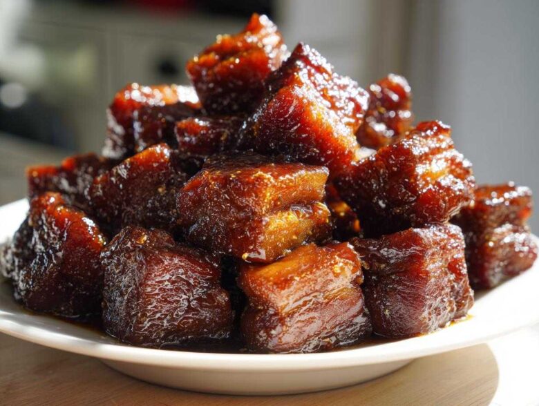A close-up of glistening, dark brown cubes of Vietnamese Caramel Pork piled high on a white plate.