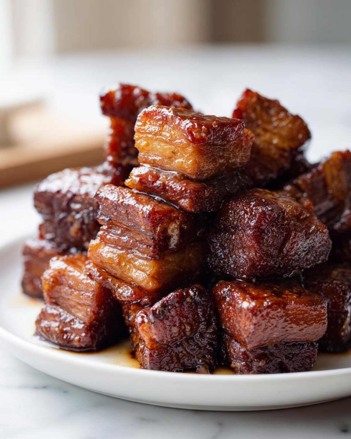 Close-up of glistening, caramelized cubes of Vietnamese Caramel Pork stacked on a white plate.